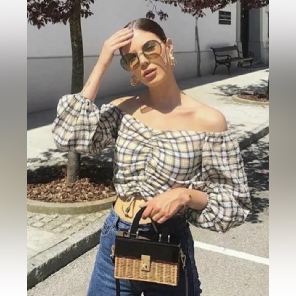 Zara | Blue cream plaid off shoulder puff sleeve ruched front blouse •